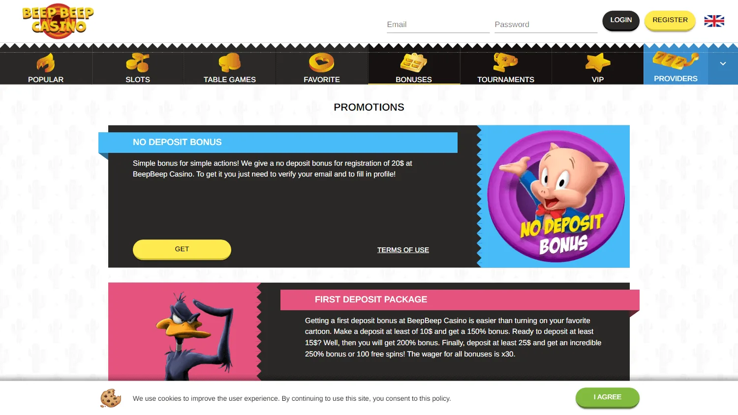 Beep Beep Casino desktop promotions with deposit offers, free spins and tournaments