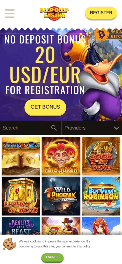 Beep Beep Casino mobile casino home with browser-based casino play