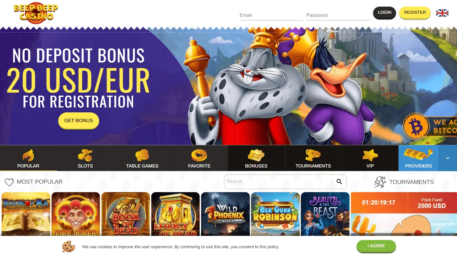 Beep Beep Casino desktop casino home with slots, live casino and tournament categories